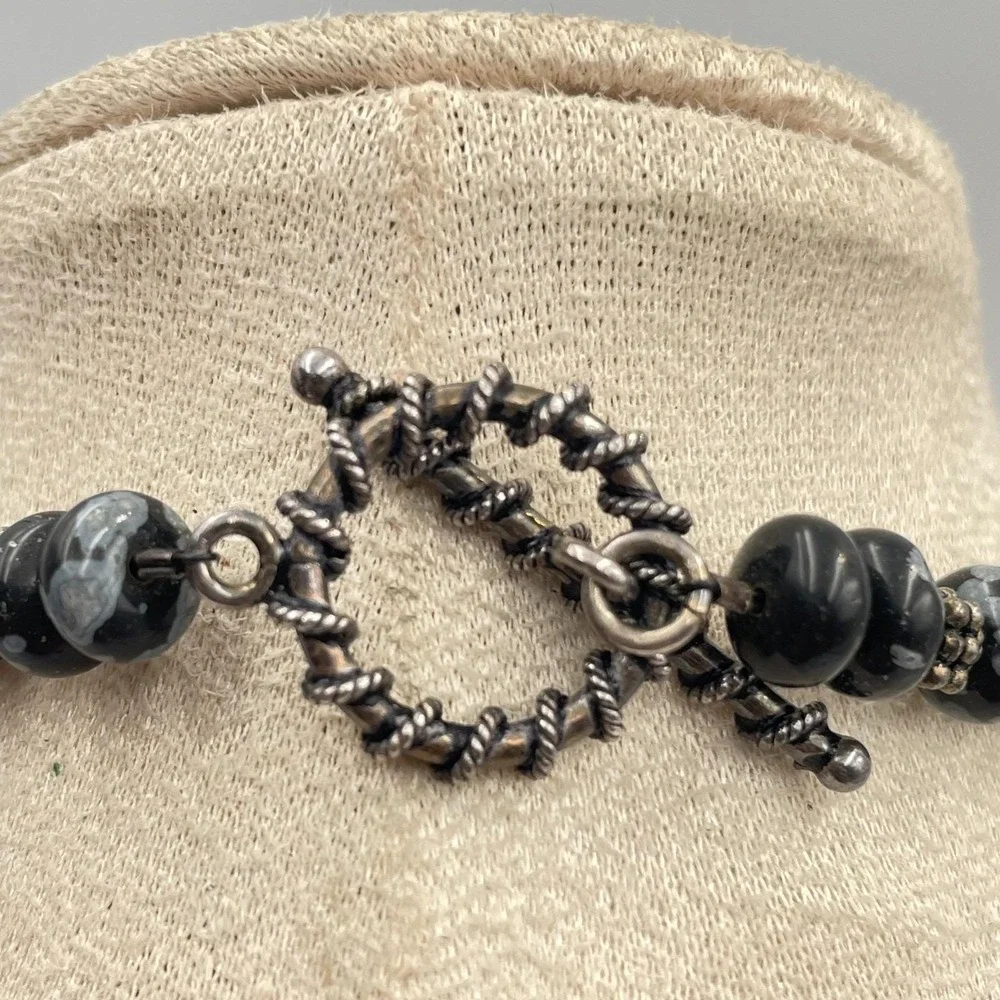 Vintage Snowflake Obsidian Necklace Women 16" Black Grey Excellent Beaded Toggle - Picture 7 of 9